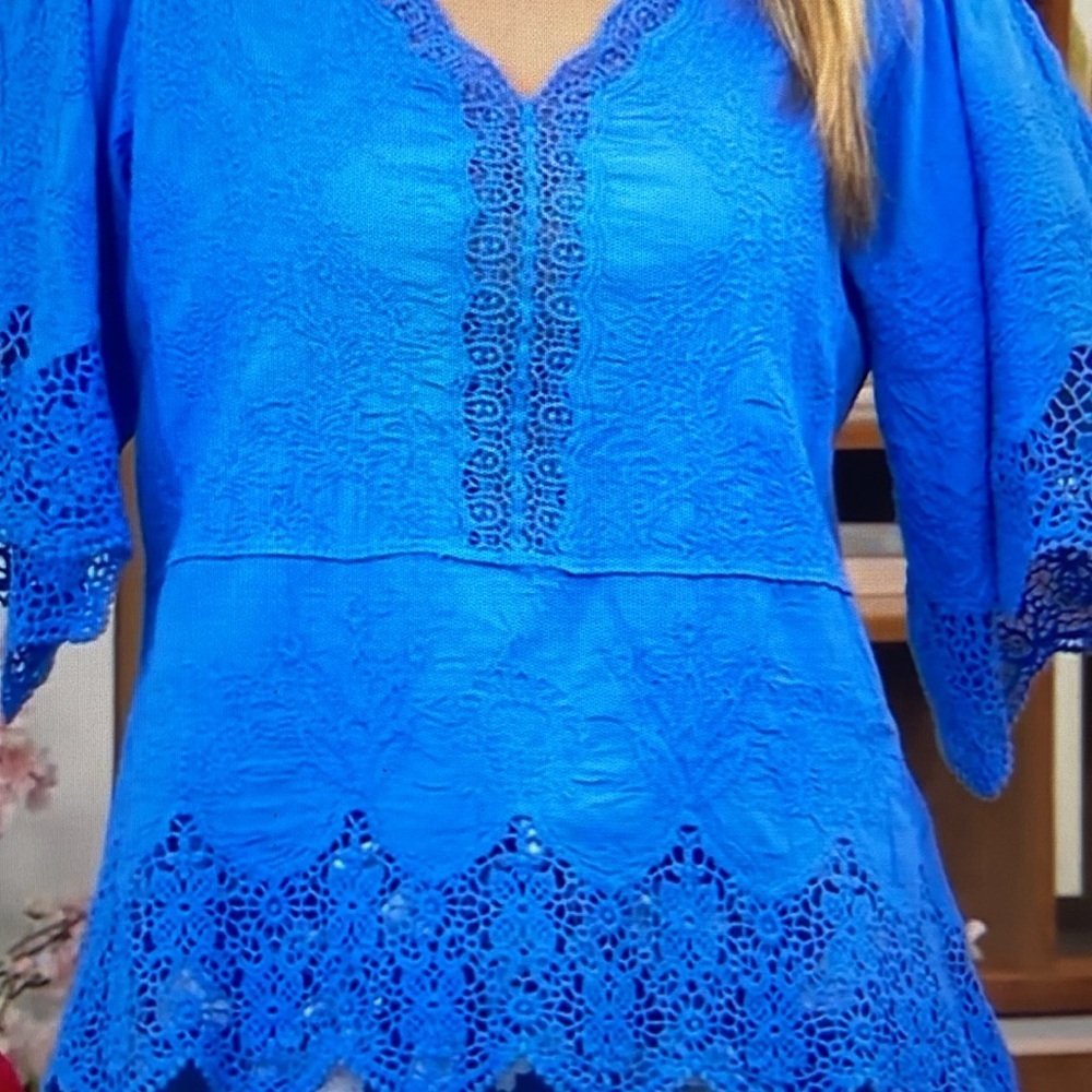 Democracy Woven Cotten Crochet Trim Peplum Top Cerulean Blue S - Picture 4 of 16